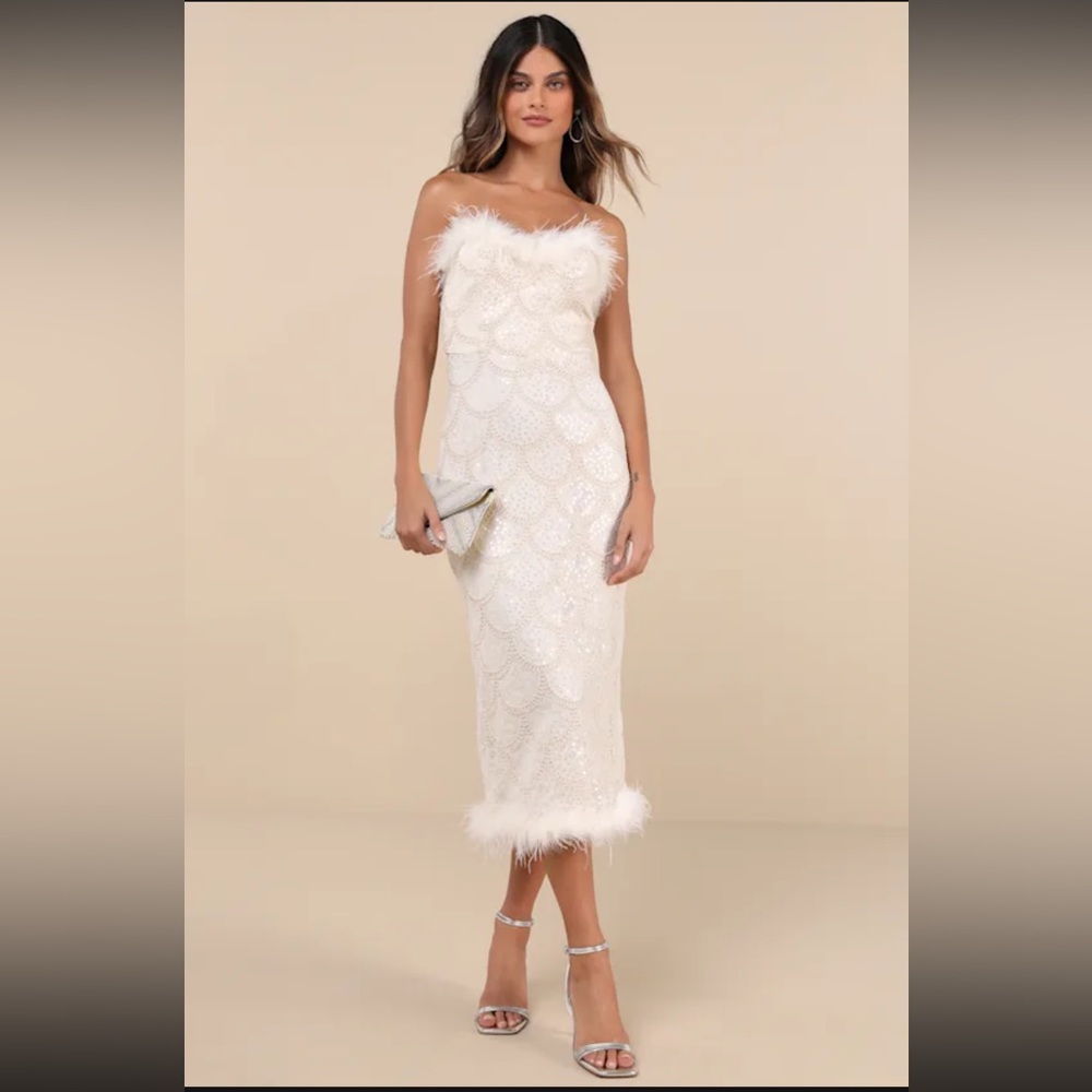 Lulus Uniquely Confident Cream Lace Feather Midi Dress - Reception Dress